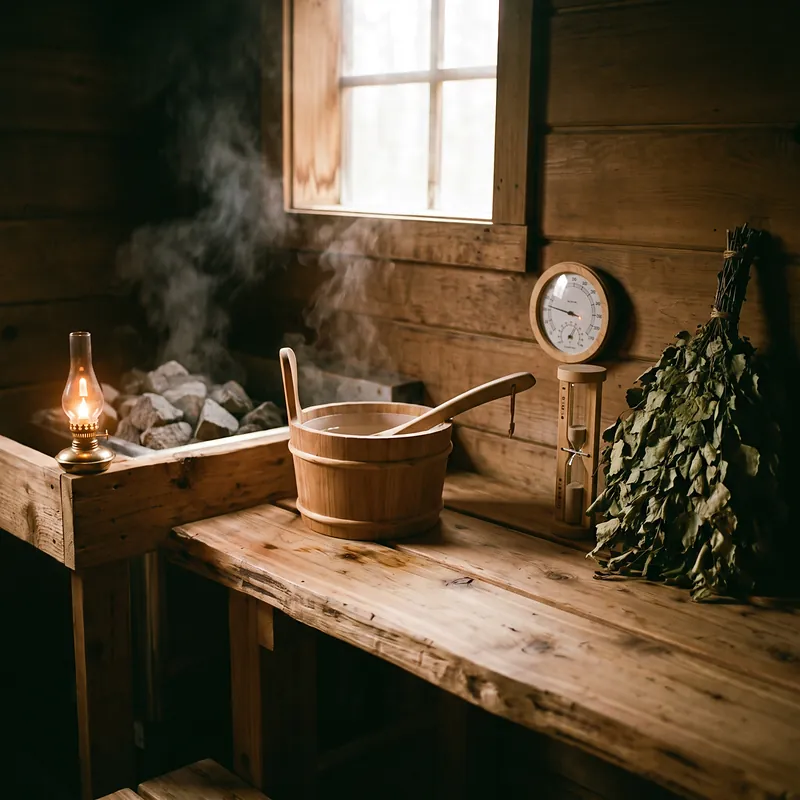 Aksesori sauna ember kayu gayung termometer analog dan pasir