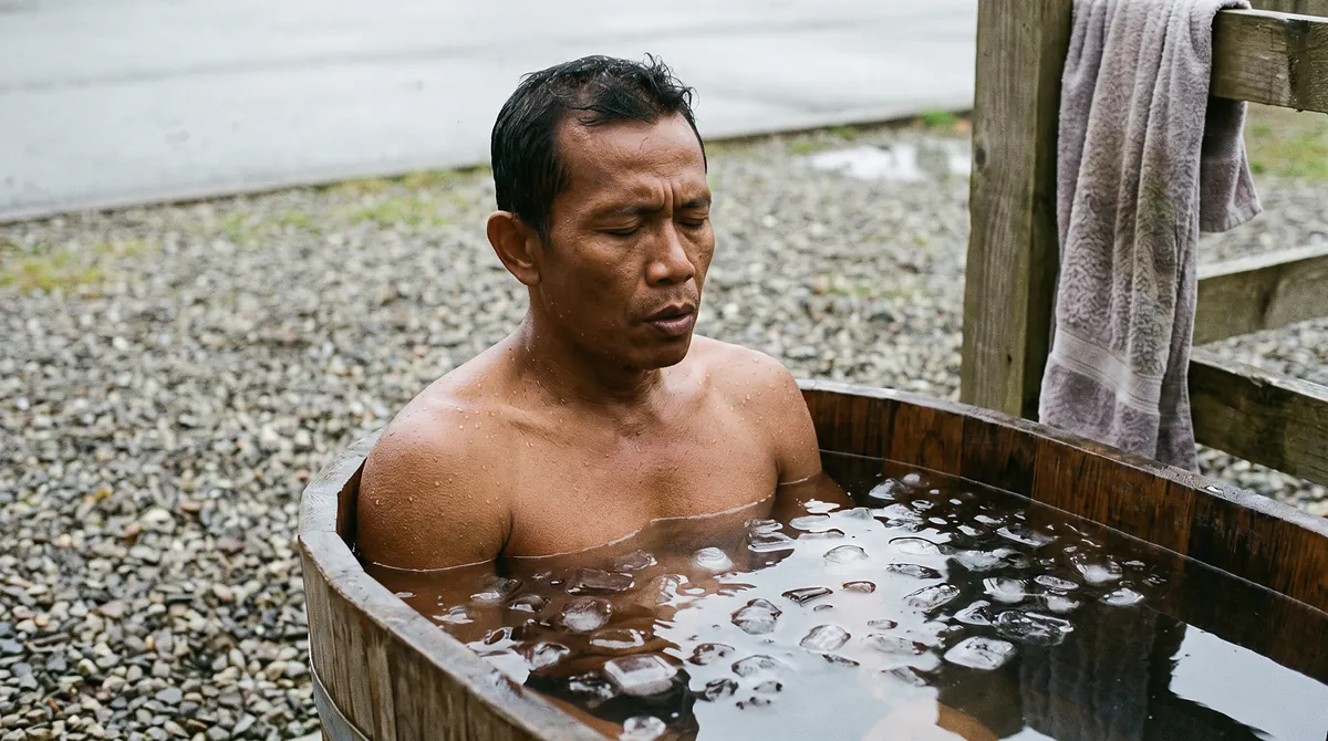 Atlet berendam di cold plunge kayu