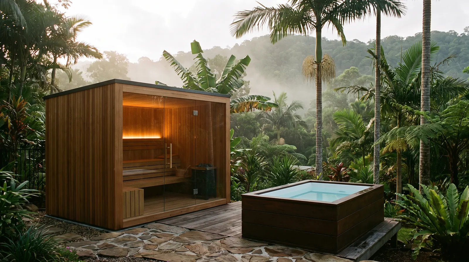 Sauna cedar dan cold plunge kayu di taman hijau rumah Tangerang